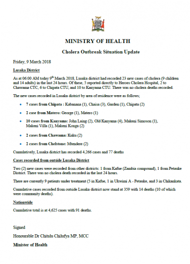 Zambia Cholera Outbreak Situation Update-9 March 2018